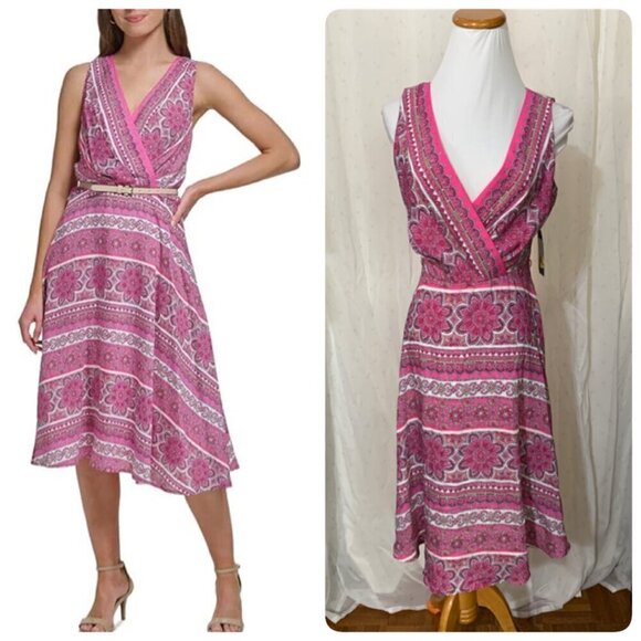 Tommy Hilfiger Bandana-Print Surplice Belted Midi Dress Sz 2 in Pink - Picture 1 of 12
